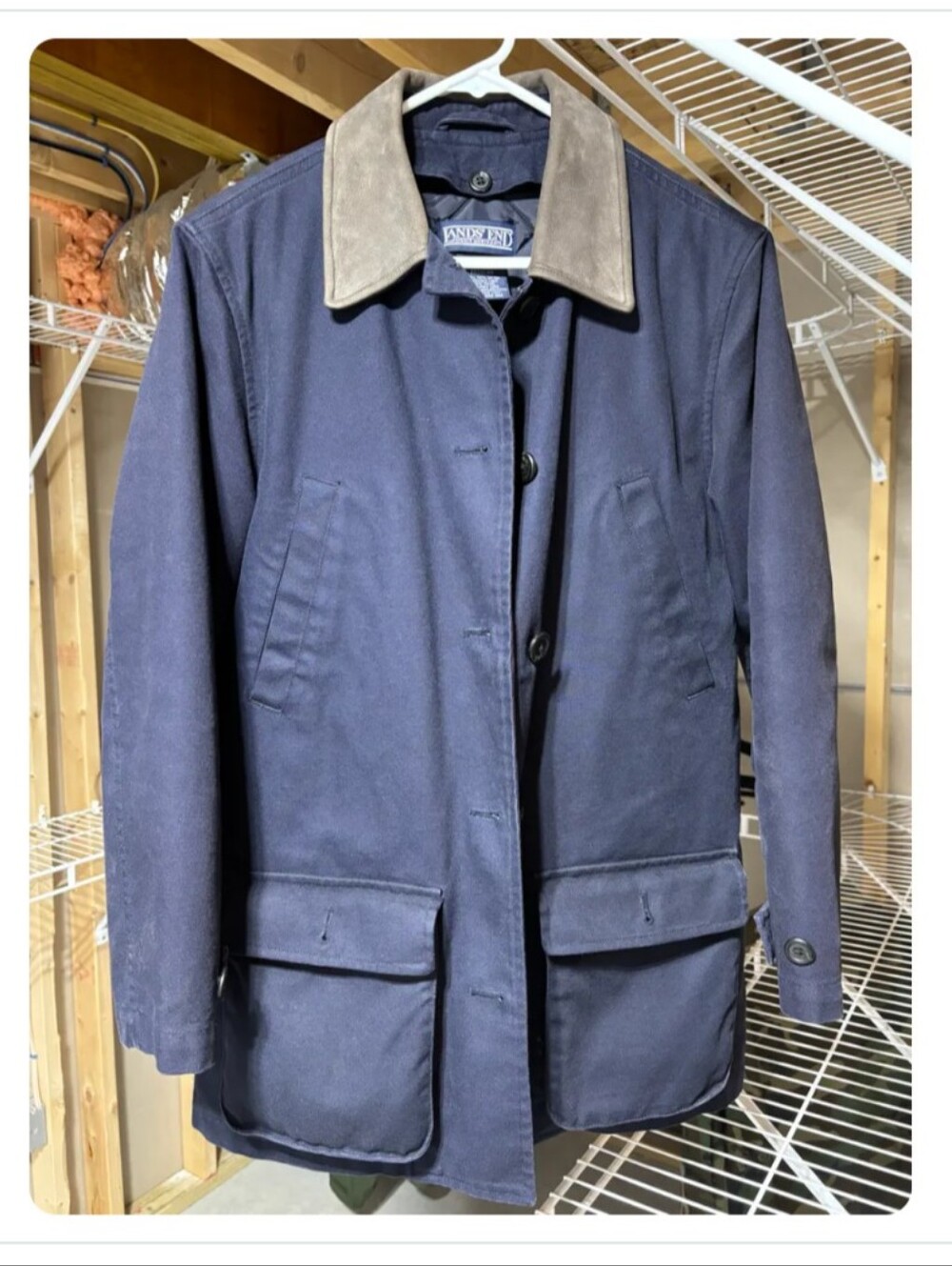 Lands End Women Navy Blue Barn Coat Suede Collar Quilted Liner Jacket S 6-8